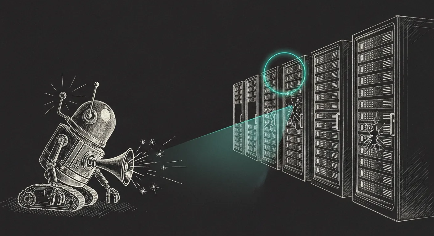 A small repair droid lowers its own blaring alarm-horn and instead aims one calm teal beam at the single genuinely-broken rack among a row of healthy ones — soft pencil sketch on a dark background, single teal halo on the real fault.