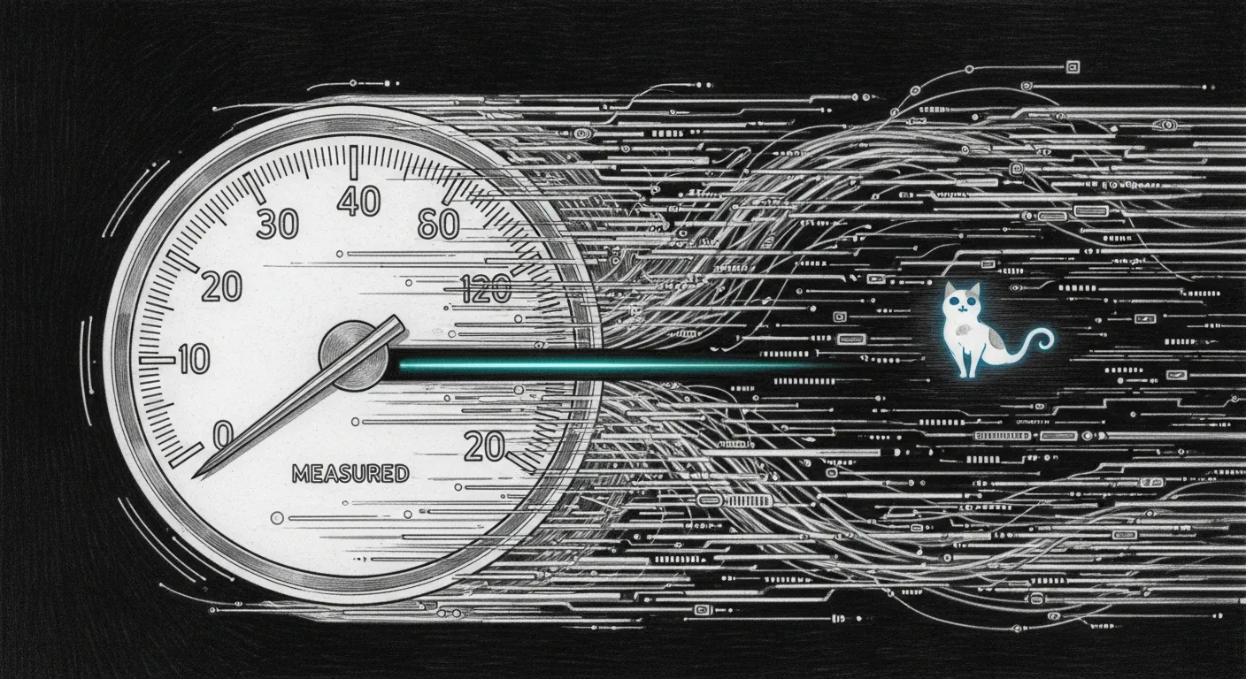 A pencil sketch on a dark background: a large speedometer gauge with its needle stuck low near the bottom, while behind and around it an enormous torrent of light-streaks and data rushes past unmeasured and uncaught; a single teal accent glow lights the gap between the tiny measured trickle and the vast real flow