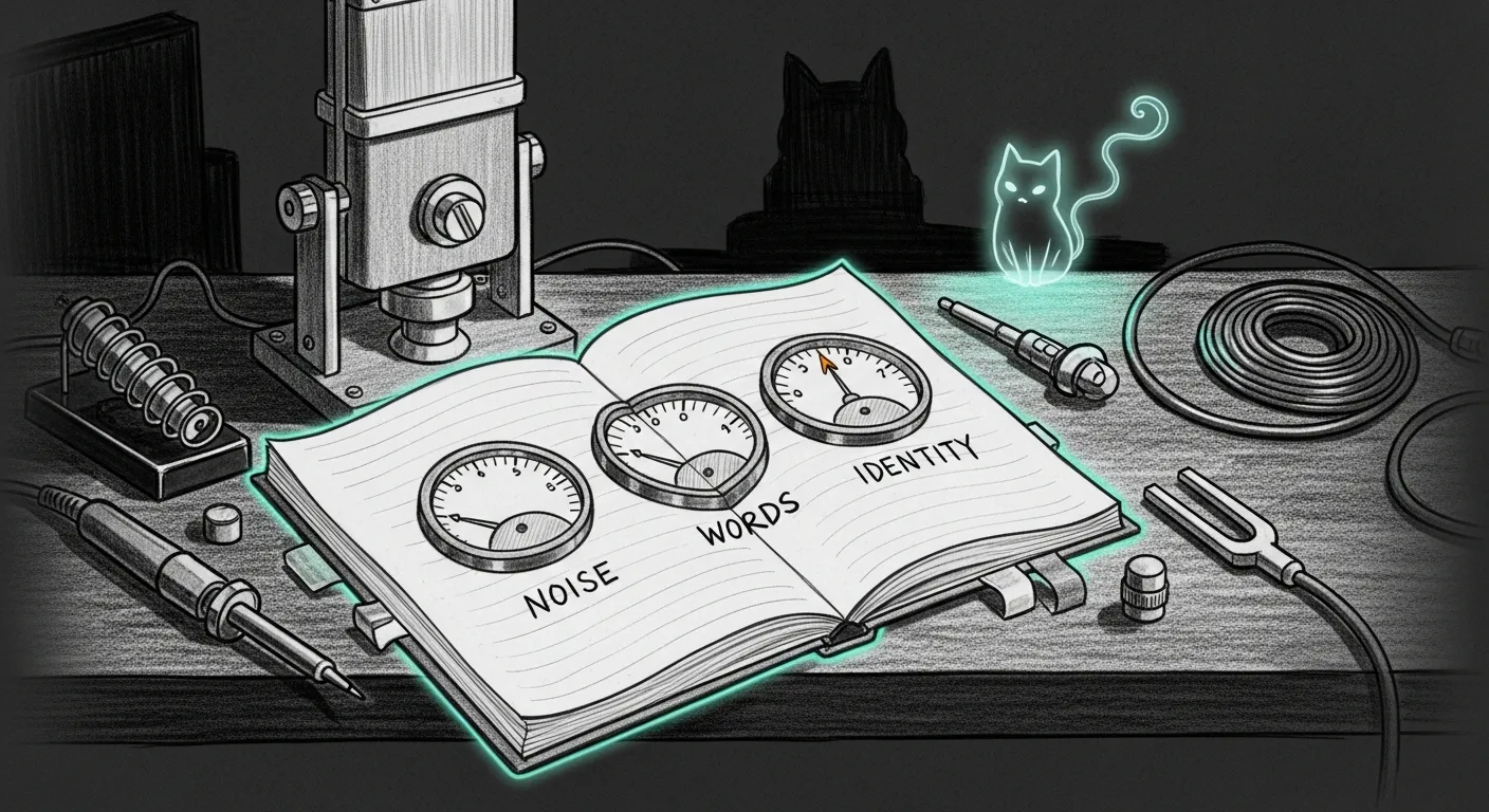 A pencil sketch on a dark background: an open lab notebook on a workbench beside a ribbon microphone, three gauge dials on the page labeled noise, words, and identity, a teal halo over the notebook and a faint amber glow on one dial needle — the bench where a voice clone is scored