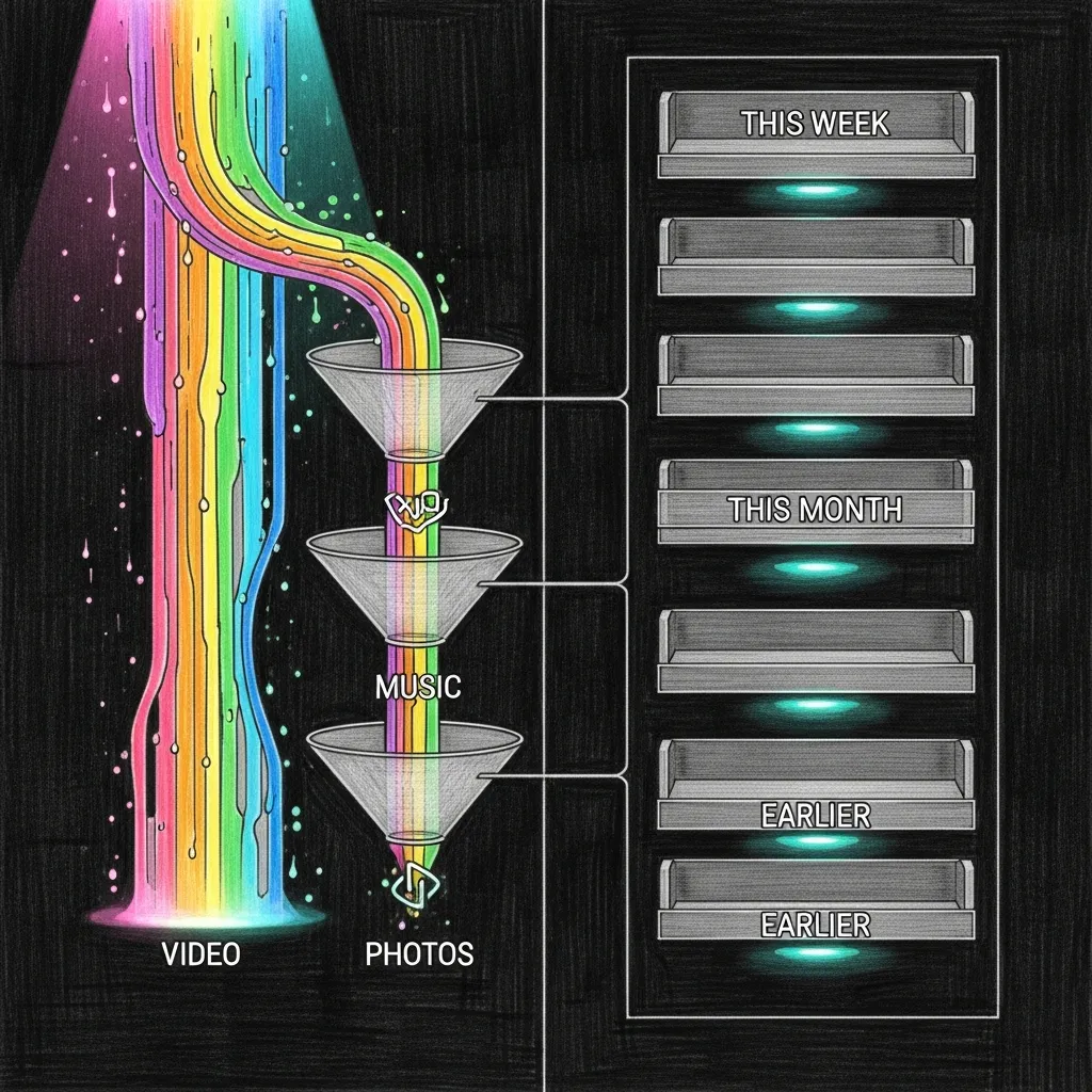 Activity Tracking — a technical pencil sketch of a haus media console split-screen: a screen pouring labeled data streams into time-bucketed shelves, teal halo on the category tabs.