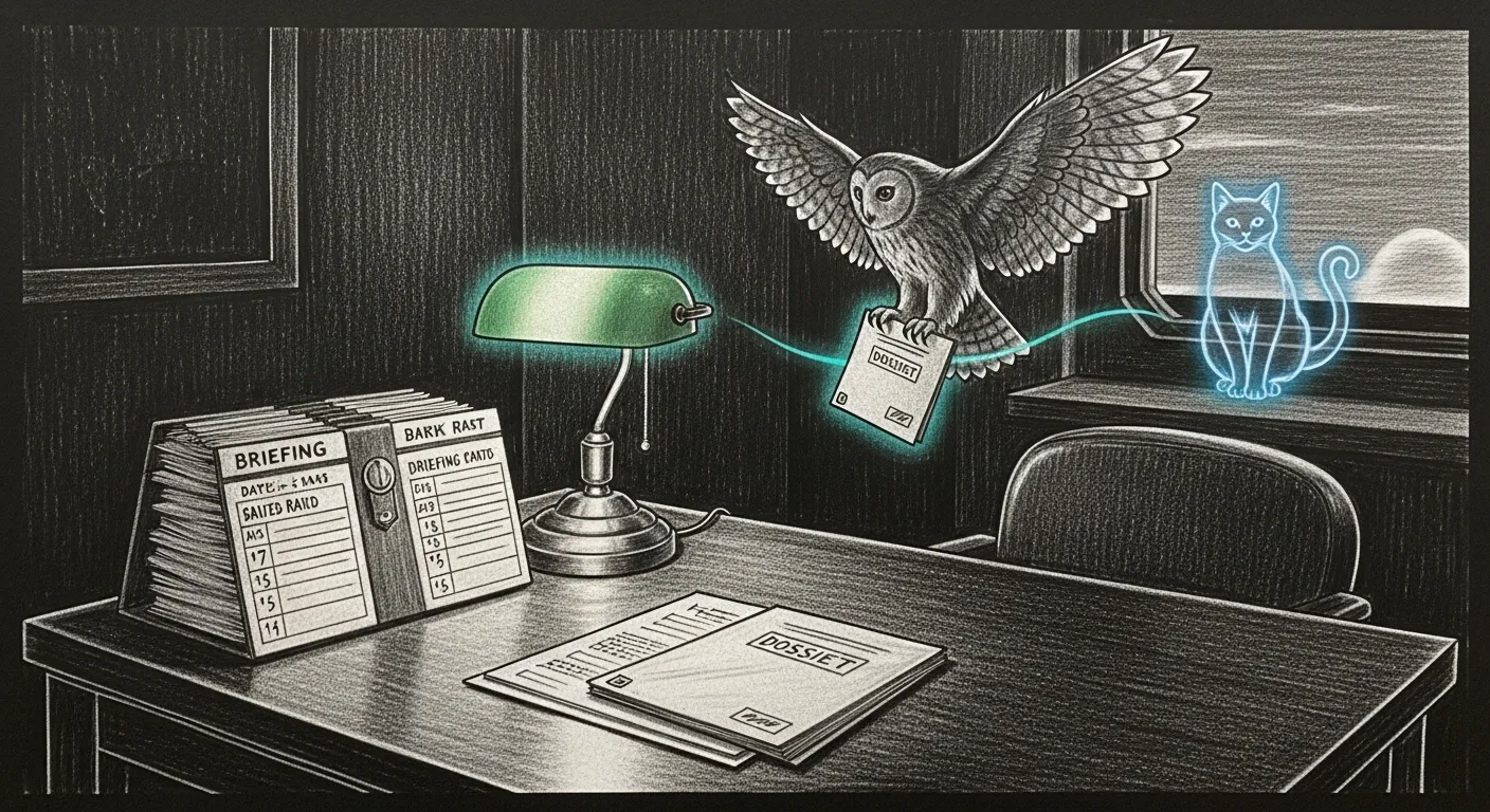 A pencil sketch on a dark charcoal background: a pre-dawn operations desk, a fanned stack of dated briefing cards under a banker's lamp, a courier owl lifting off carrying a single folded brief toward a breaking dawn; one dossier and the owl's flight-path catch a faint teal halo.