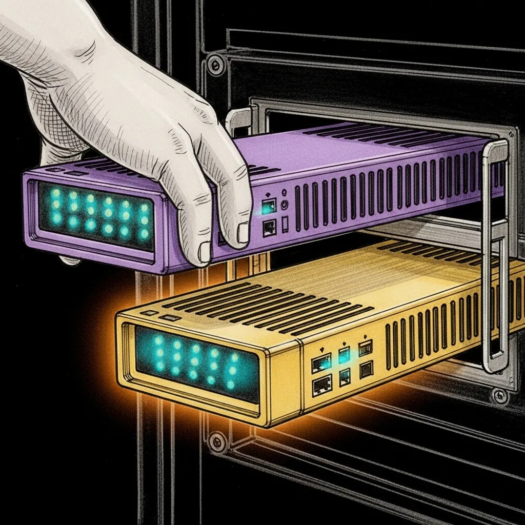 Firewalla Gold Pro Migration — a technical pencil sketch of a purple router being lifted out of a rack while a gold router slides into its slot, teal indicator lights flickering mid-swap.