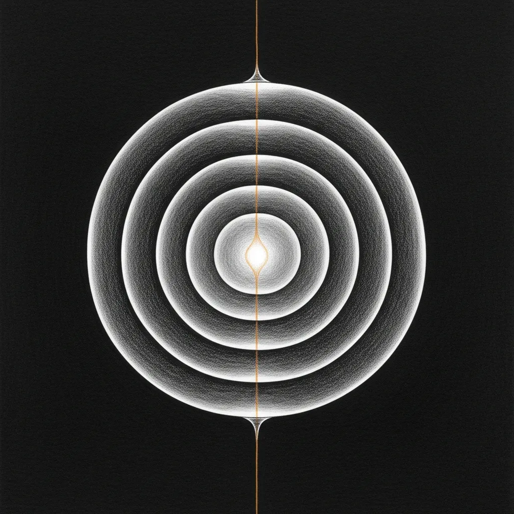 Five concentric translucent shells around a softly glowing core, each more subtle than the last — pencil-sketched against a dark void with an amber thread running between them