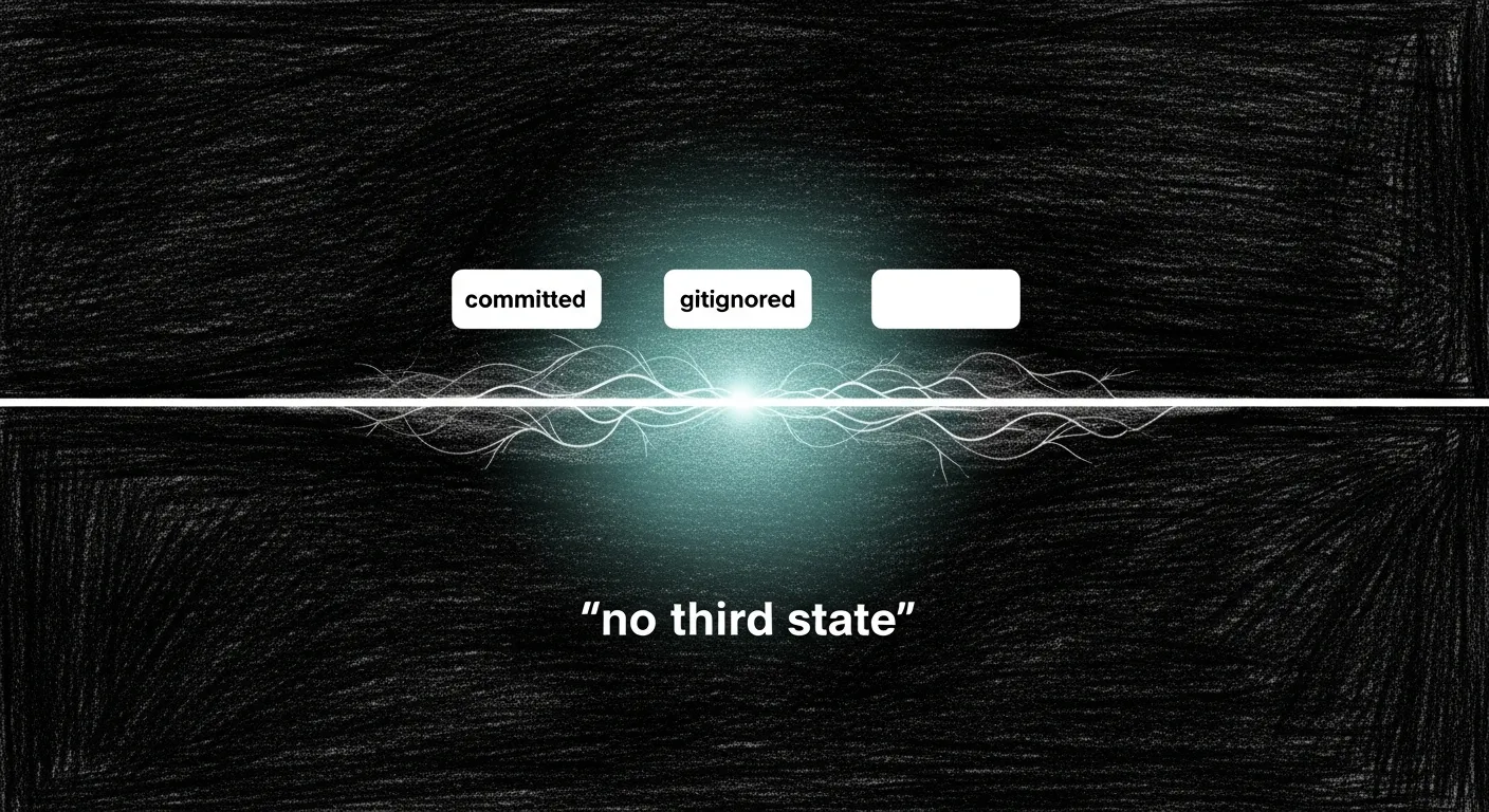 Pencil sketch on dark void of a clean stage with one sharp line above three small immaculate boxes labeled committed and gitignored, with the lower half marked no third state — a soft teal halo at the dividing line