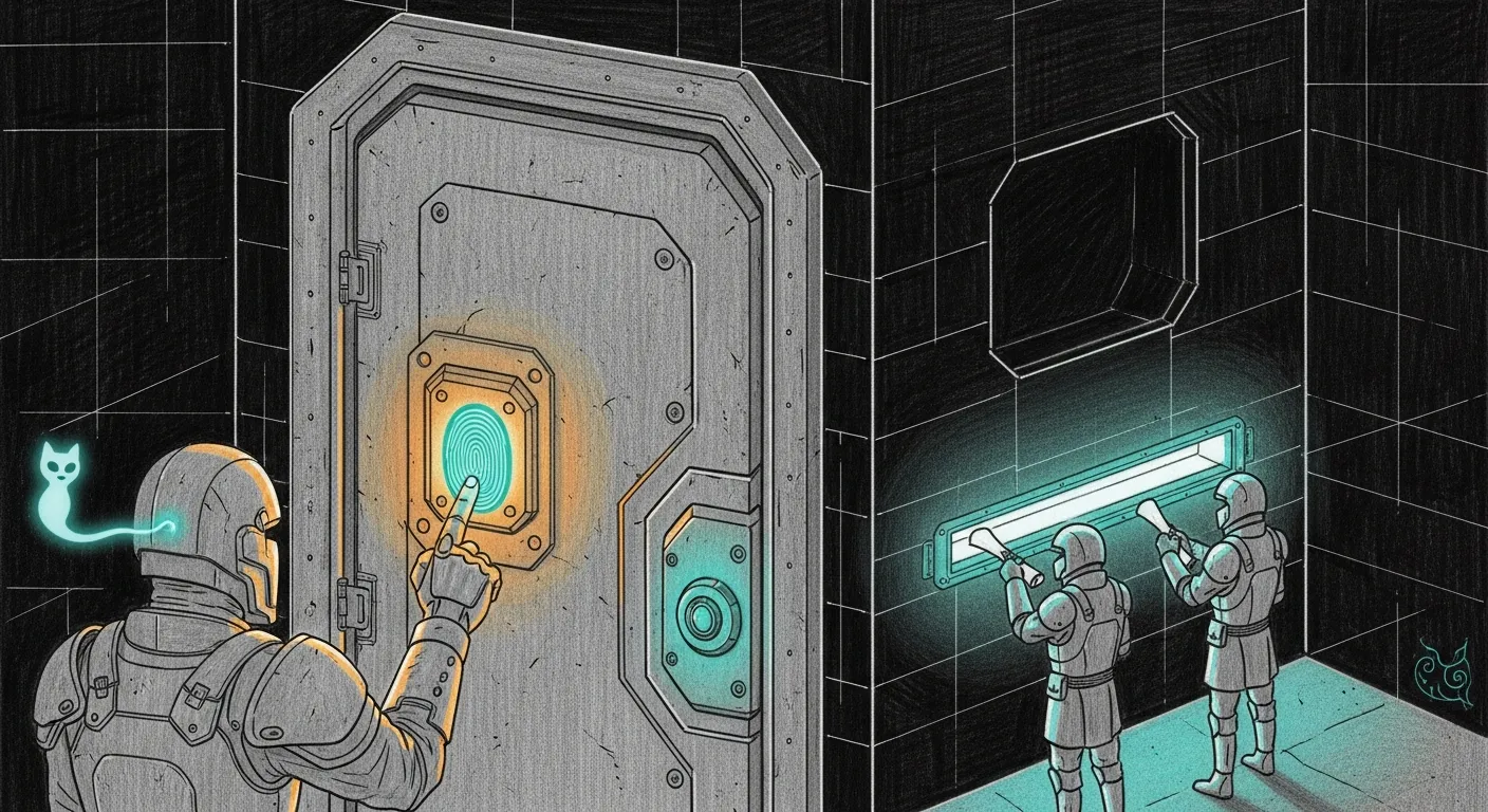 A gatehaus where a sentry presses a glowing fingerprint to a teal-lit lock while two armored couriers exchange wax-sealed scrolls through a side slot; the front door has no keyhole, only the fingerprint.
