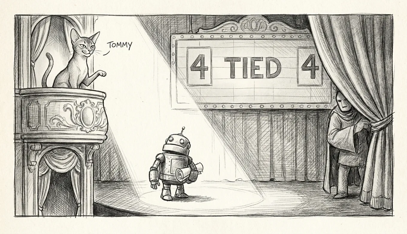 A dense-robot understudy steps into the spotlight while the star performer waits in the wings; the marquee overhead reads "4 TIED 4"; Tommy watches from the balcony, one paw raised to withhold judgment.