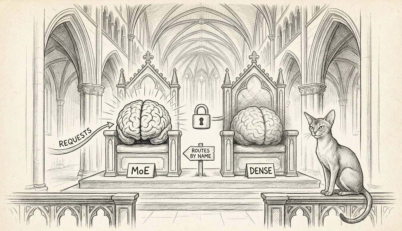 Two thrones under one cathedral vault — a lit MoE brain and a dozing DENSE brain, a single padlock shared between them, a signpost that routes requests by name, and Tommy supervising from the altar rail.
