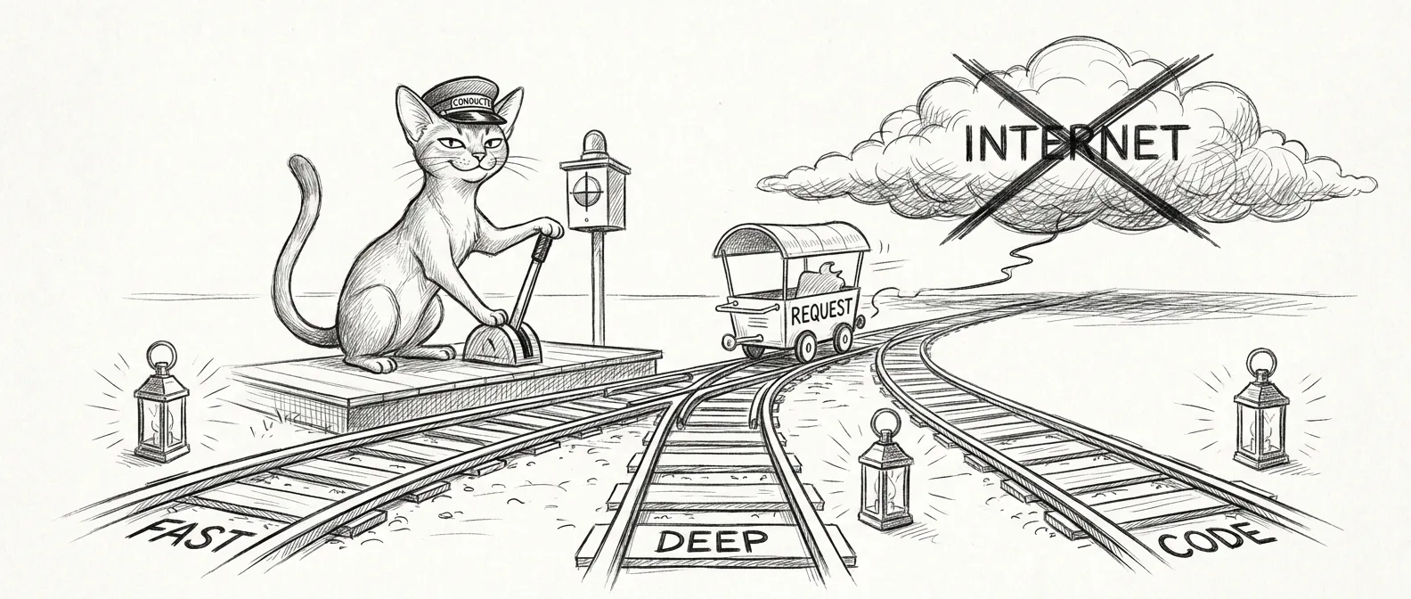 Tommy the Abyssinian cat as a railway signal operator at a three-track junction, pulling a lever that switches an incoming request-cart onto one of three tracks labelled FAST, DEEP, and CODE; a storm cloud labelled INTERNET is disconnected in the background while the three local tracks glow on.