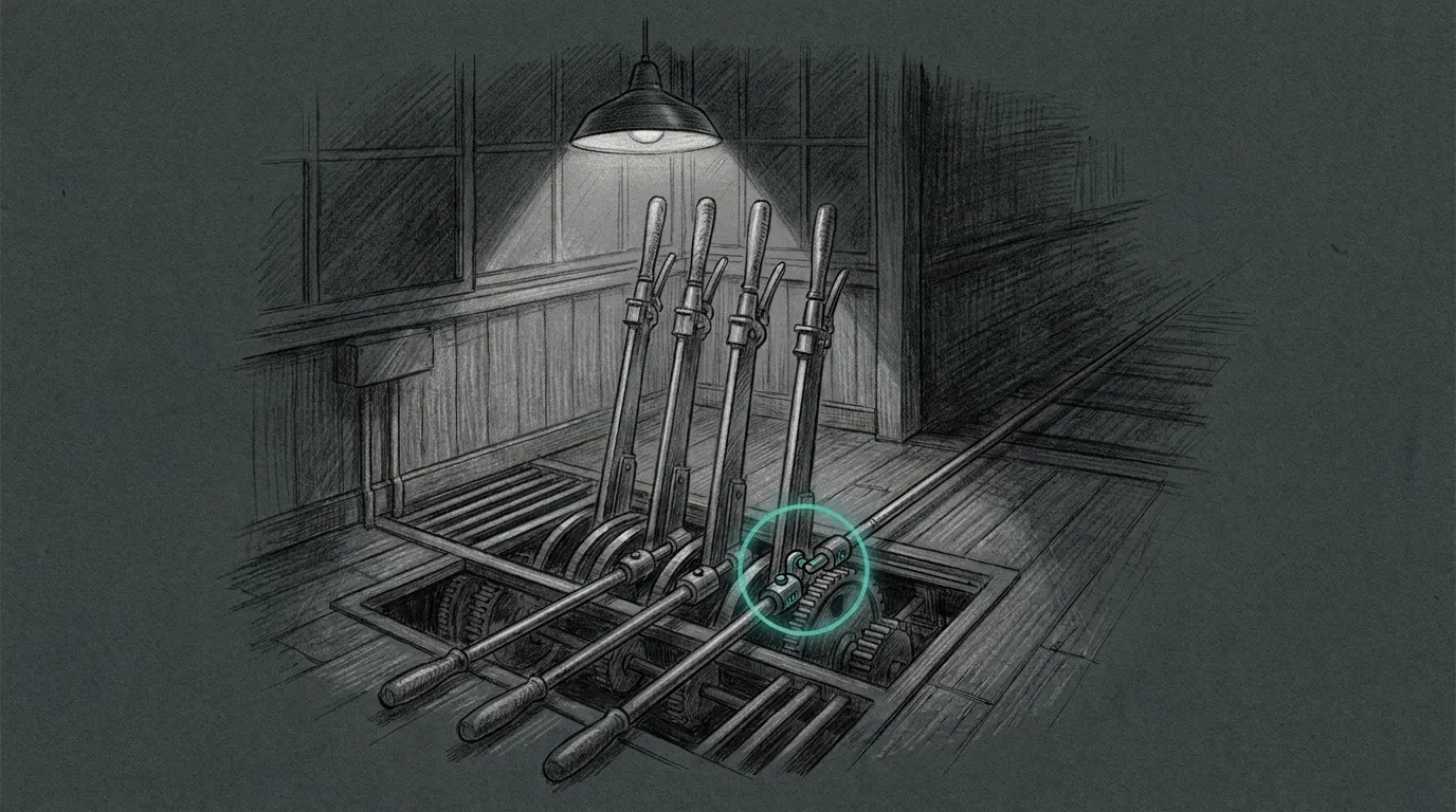 Pencil sketch on a dark ground: the interior of a railway signal box, four tall polished levers in a row under a low lamp, three of their control rods visibly disconnected beneath the floor grating while only one runs true out to a distant signal; a small teal halo rests on the coupling where a second rod is being bolted back on