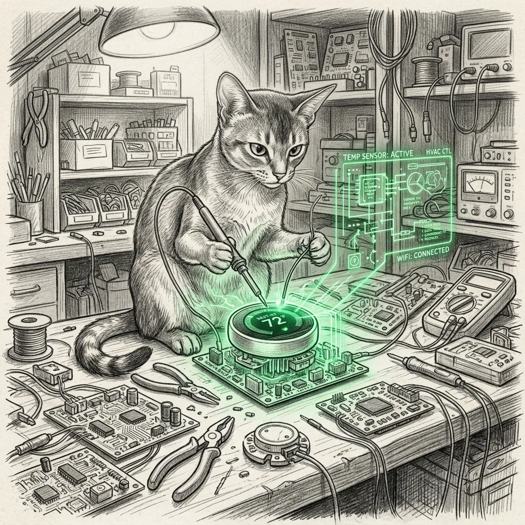 Pencil sketch of an Abyssinian cat sitting on a workbench surrounded by electronic circuit boards, repairing glowing smart thermostats and climate sensors with green holographic light.