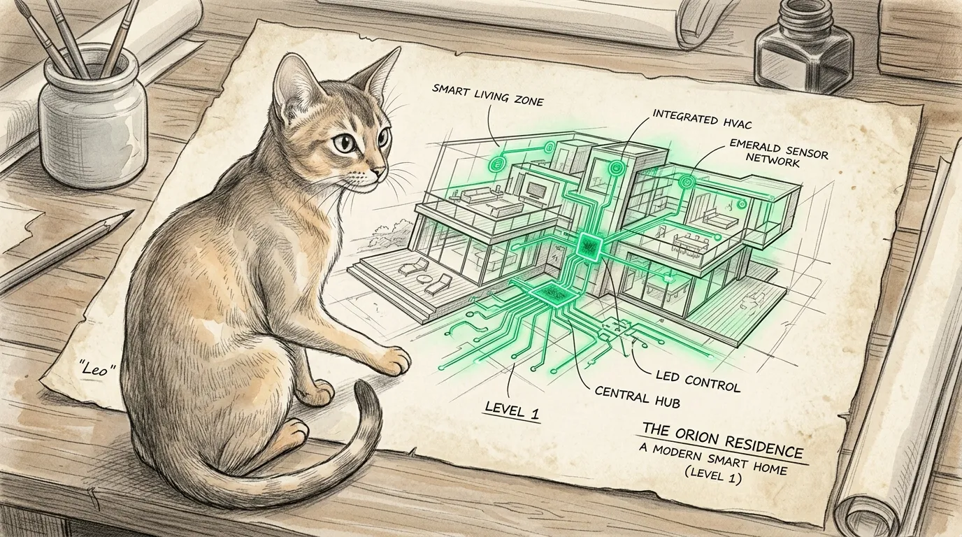 Pencil sketch of an Abyssinian cat overlooking a holographic architectural blueprint of a house with glowing green kyber crystals and smart device nodes.
