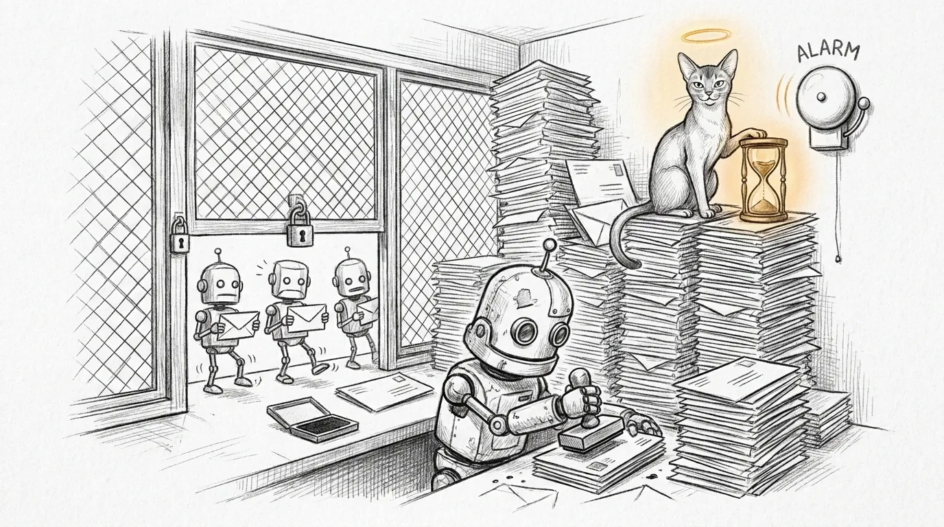 Pencil sketch of an Abyssinian cat watching a mail clerk re-stamp an enormous pile of identical letters while three small couriers wait at a locked counter window, an hourglass mounted beside a wall bell.