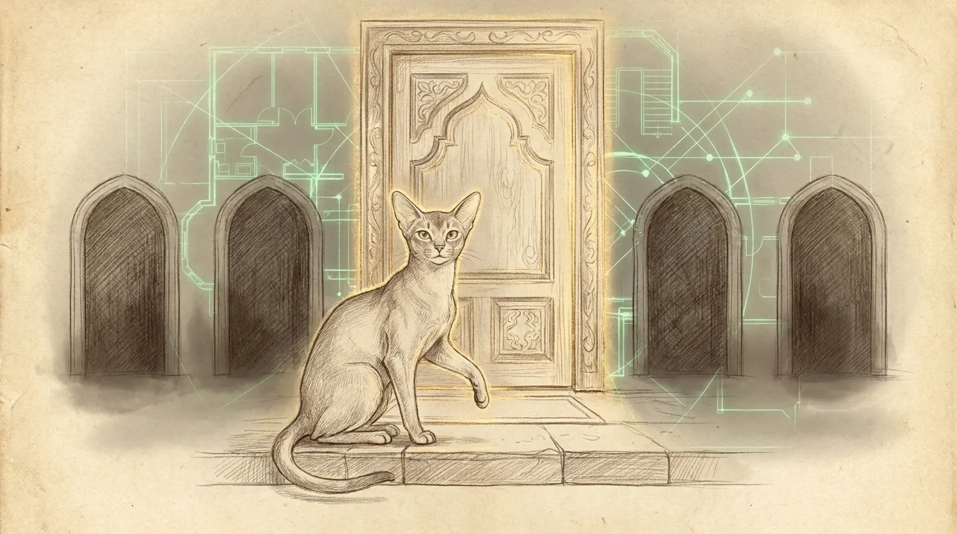 Pencil sketch of an Abyssinian cat sitting before a grand front door lit warm gold, ignoring four small side-passages that trail off into shadow.