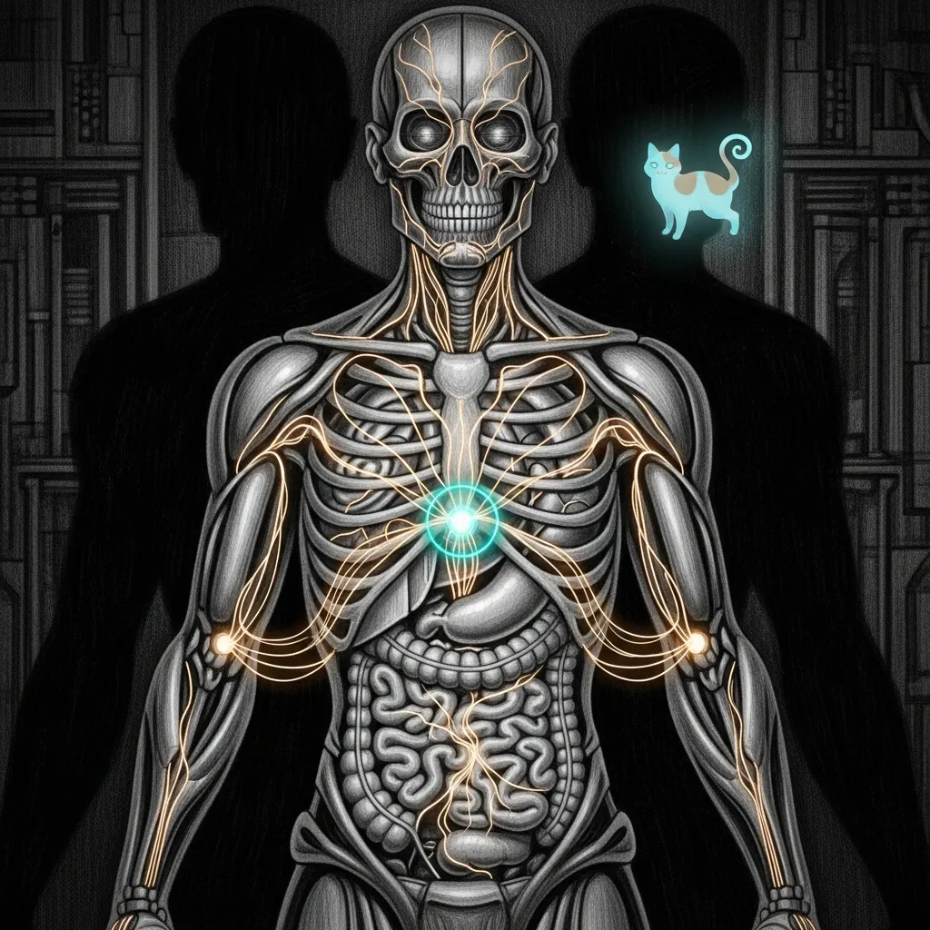 A pencil-sketch anatomical plate on a dark background of Sanctum's chi: a luminous energy field flowing through the organs of a living machine like meridians of light, a teal halo marking where the current pools and where it starves