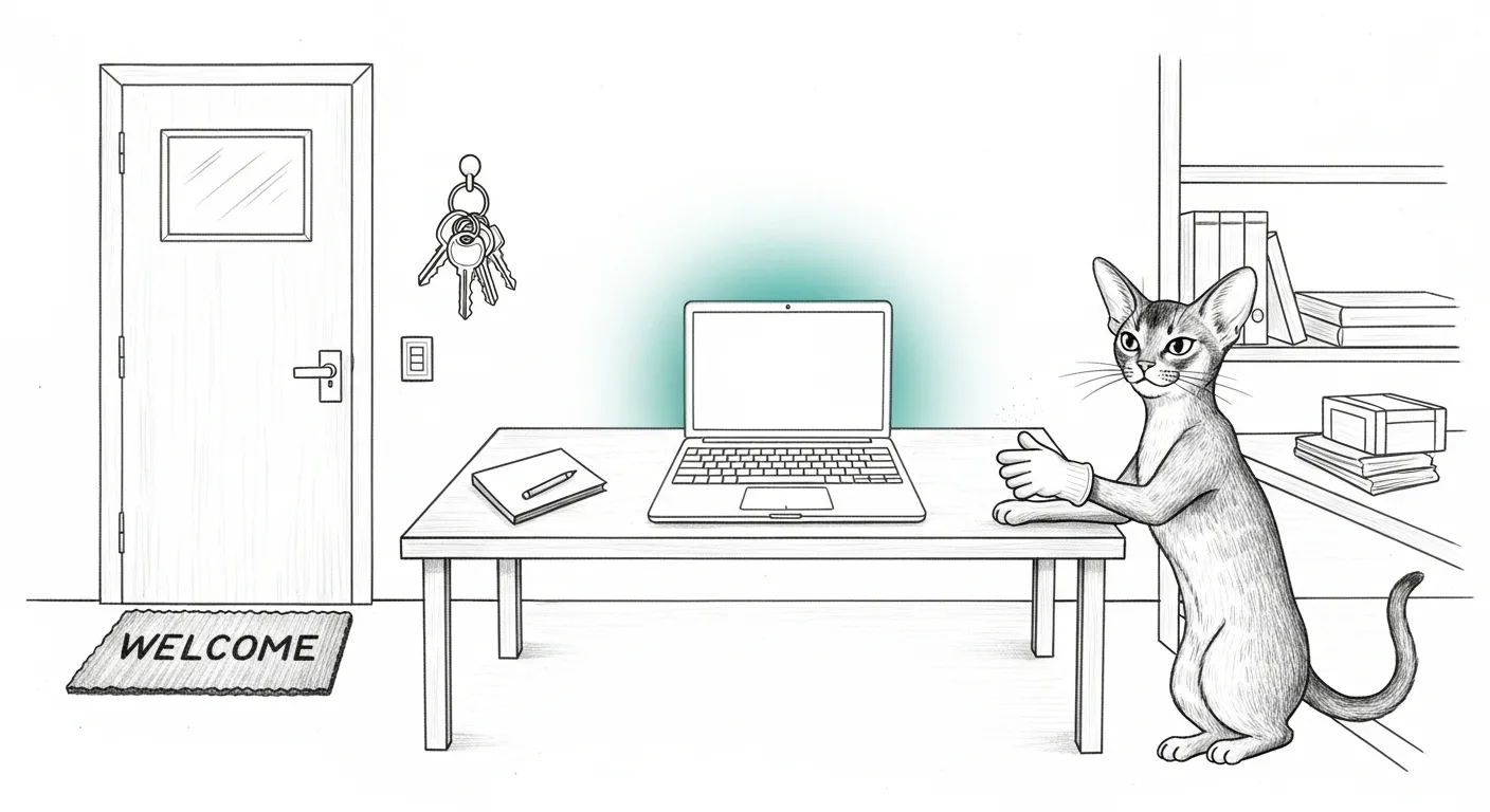 Tommy the Abyssinian runs a white glove along the shelf of a spotless clean-room install, staged for a stranger who hasn't arrived yet.