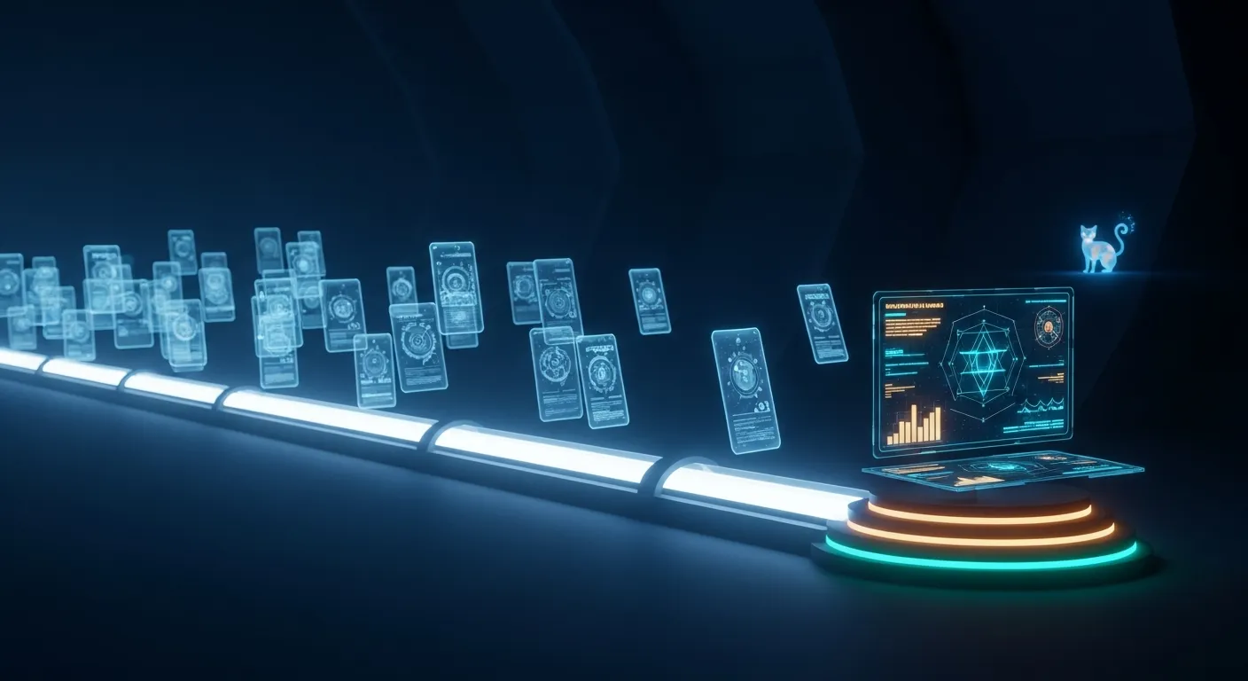 A control room of glowing deal cards flowing along a pipeline into a single calm briefing screen