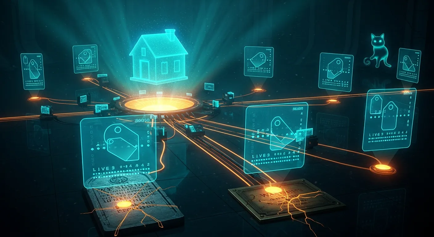 A holographic map of the haus where every device address resolves itself live, while a cracked stone tablet of hardcoded literals lies discarded in the dark