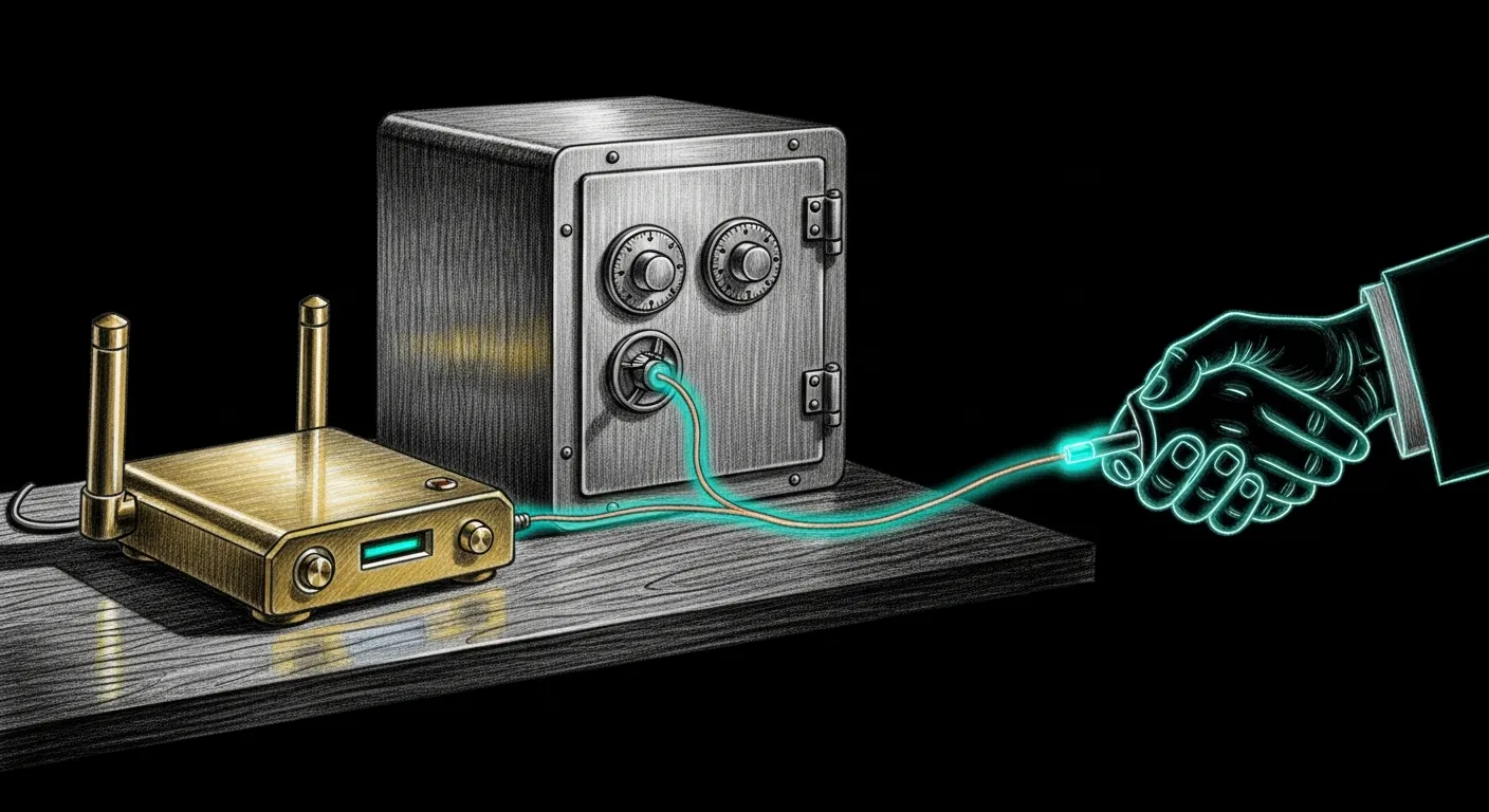 Firewalla pairing — a brass router on an oak desk wired to a metal vault with three combination dials; a teal handshake at the contact point because handshakes are the only honest way to exchange a secret.