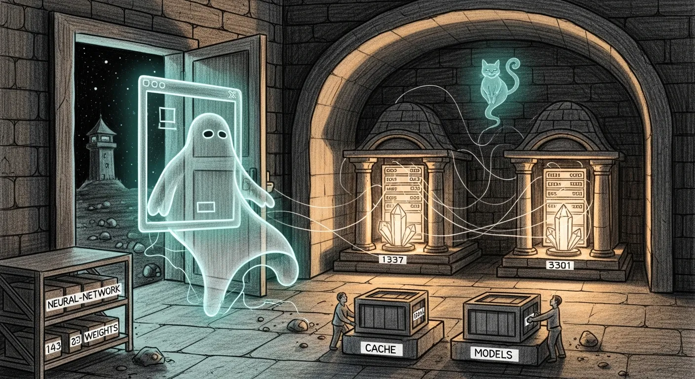 The ghost leaves the machine — a pencil-sketch temple server room where a translucent ghost shaped like an old desktop application drifts out the doorway, two crystal-lit seats etched 1337 and 3301 remain inside, and tiny movers carry crates of weights from a dusty cache shelf to a clean models shelf.