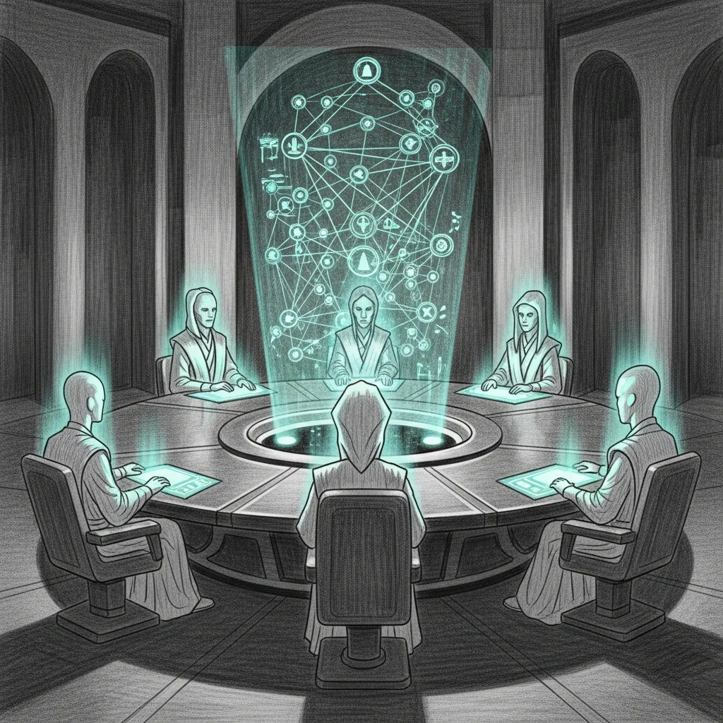 AI Agent System — six holographic minds gathered around a council table, projecting a unified network.