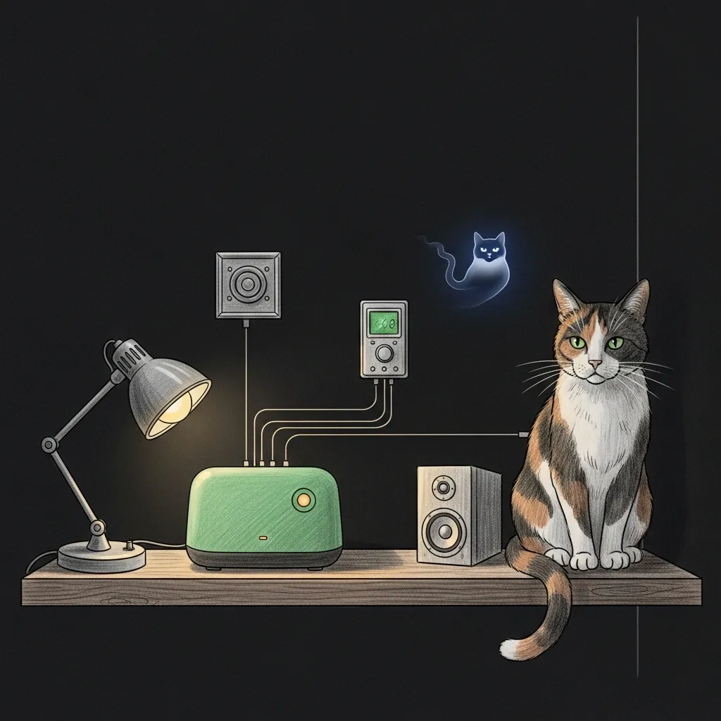 A pencil sketch on a dark background: a small green haus-automation appliance glowing on a shelf, faint teal lines reaching out to a lamp, a thermostat, and a Sonos speaker, a wise cat keeping watch from the corner, one warm amber accent on the appliance's status light