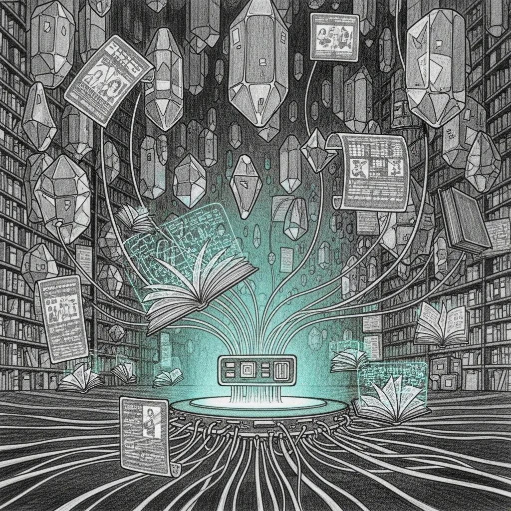 Jocasta MCP — a vast library of floating data crystals and holographic scrolls weaving a unified data stream.