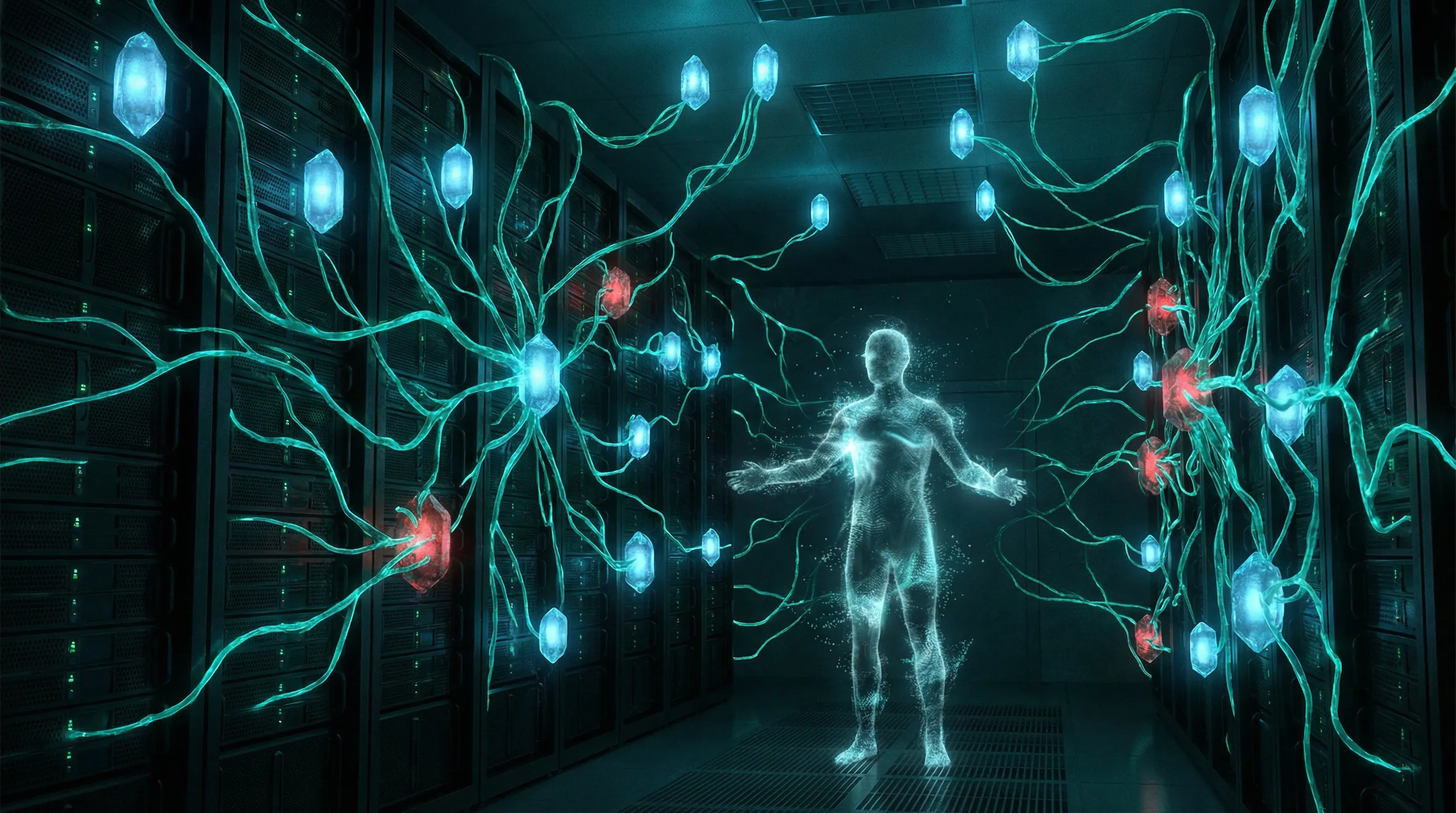 The Living Force — a ghostly figure standing in a server room of bioluminescent veins, healing sick nodes.