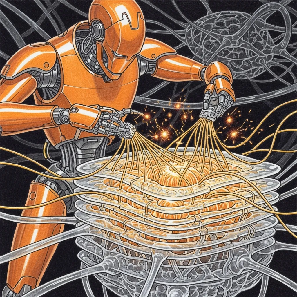 LoRA in Rust — Ferris the crab weaving golden adapter threads into a translucent neural network brain.