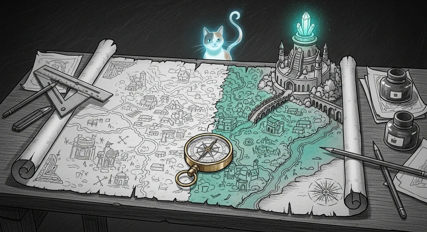The map caught up to the territory — a pencil-sketch cartographer's desk where an old faded map is half redrawn in fresh ink that finally matches the miniature landscape beyond: tiny Mac Mini buildings, a bridge, and a small temple with a teal-glowing kyber crystal. Retired ghost-buildings on the faded half are gently crossed out.
