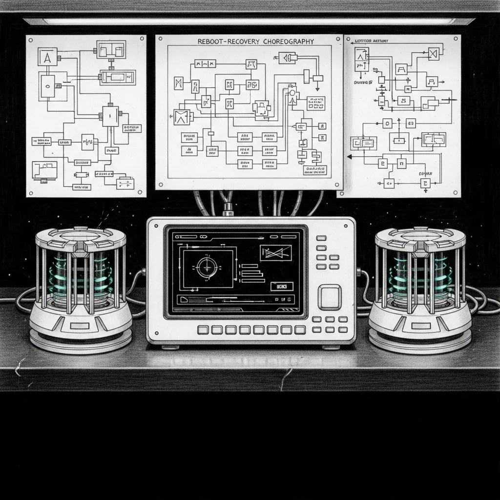 A technical pencil sketch of a sentinel monitor system on a dark workstation, twin listener arrays pulsing with teal authentication glow, paper schematics pinned overhead showing reboot-recovery choreography, clean hand-drawn lines, no text.