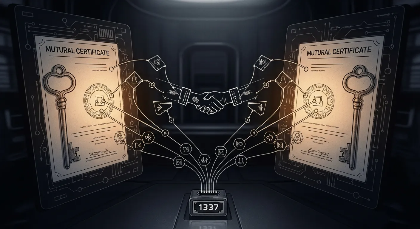 mTLS Migration — two cryptographic handshake diagrams converging on port 1337, mutual certificates etched into the frame, amber glow from the CA stamp.