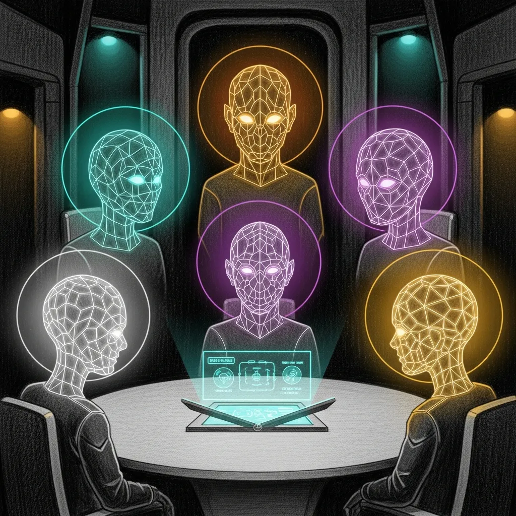 Five Council members lit by five different colors of light, leaning over a single table — pencil sketch on dark paper, teal and amber halos.