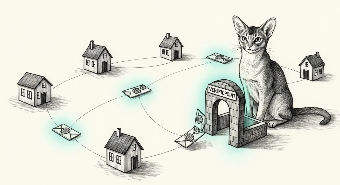 Tommy the cat presiding over a checkpoint where signed parcels pass between small houses on glowing threads — one gate lit teal, one parcel turned away.