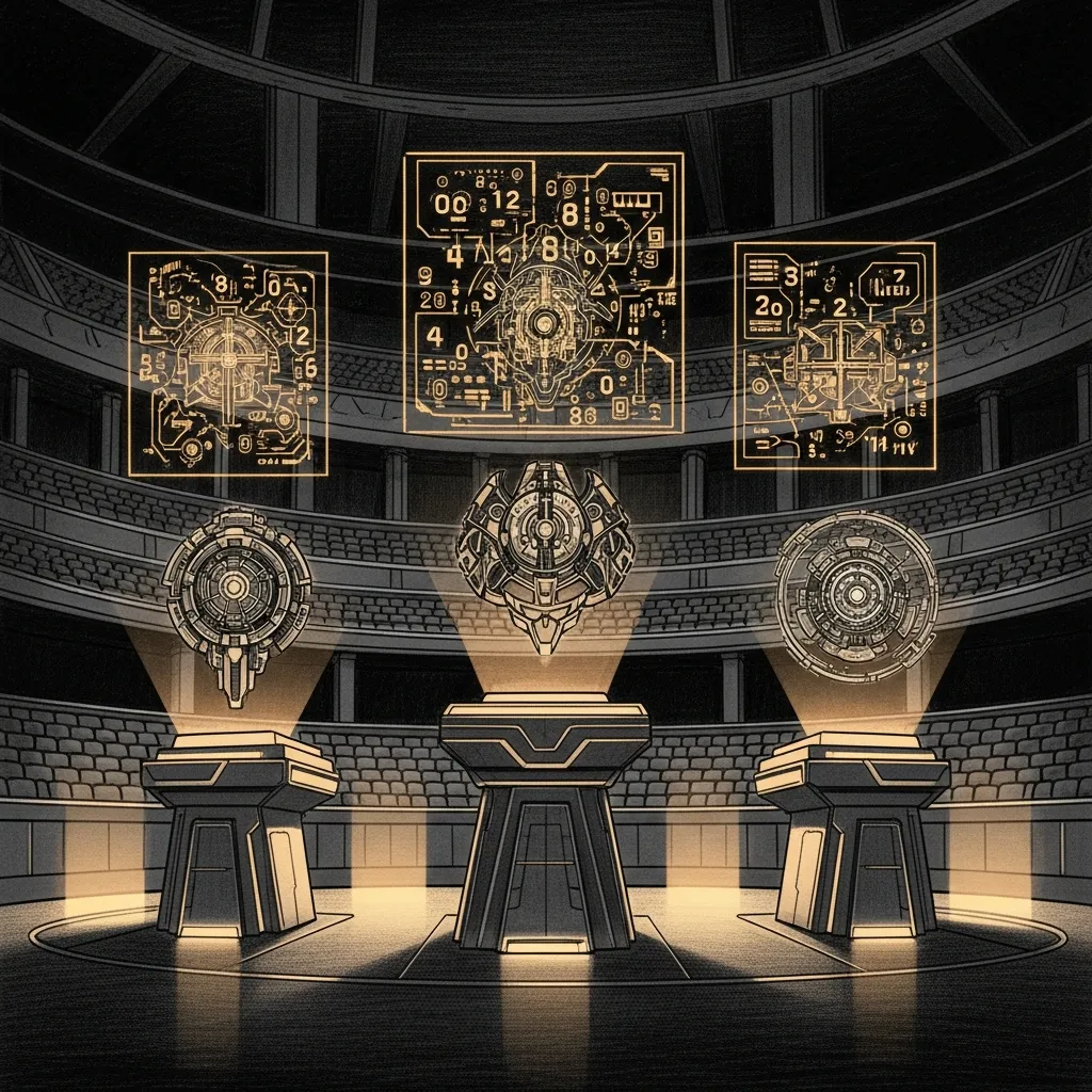 The Sanctum Olympics — three AI models competing on holographic podiums in a Jedi temple arena.