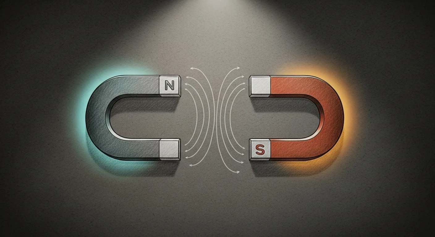 Two opposing horseshoe magnets on dark paper, field lines arcing between teal and amber poles — pencil sketch, single light source, the field lines glowing where the polarities meet.
