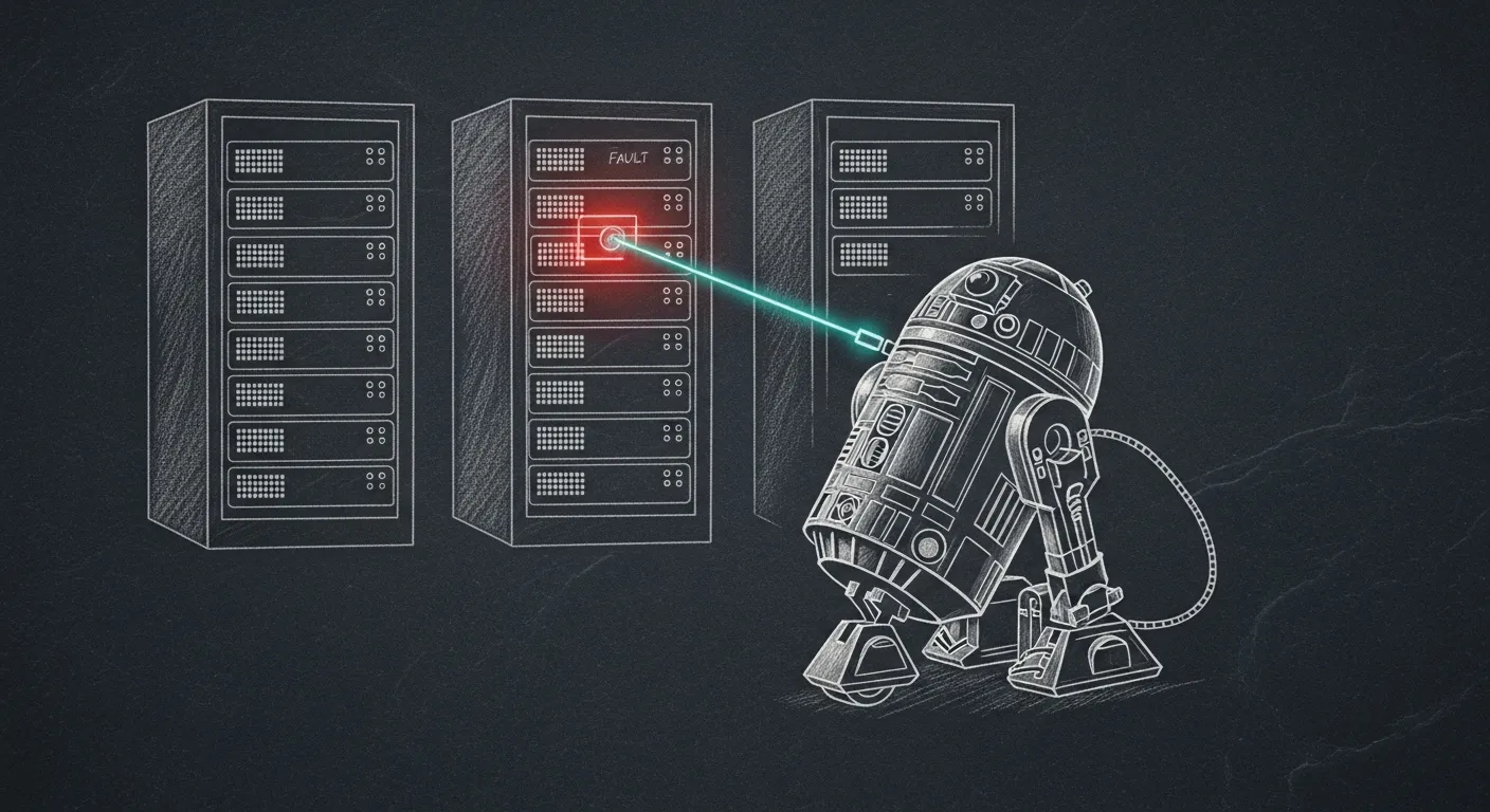 R2D2 — a small repair droid wheels between three server racks; a teal beam fixes a glowing fault on the middle rack.