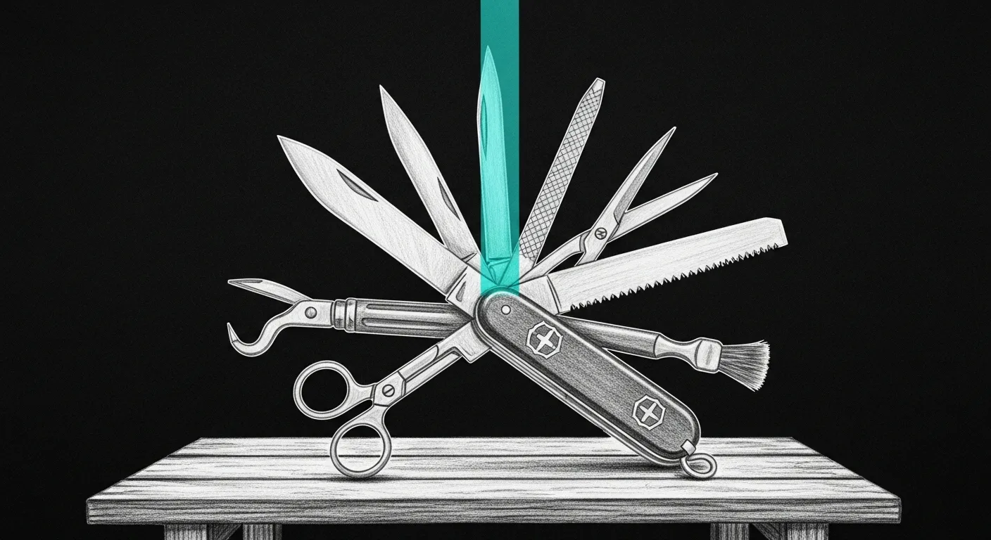 Sanctum CLI — a vintage Swiss Army knife laid open, distinct hand-tools fanned out from a single pivot, a teal beam catching the hinge at the center. One binary, every host.
