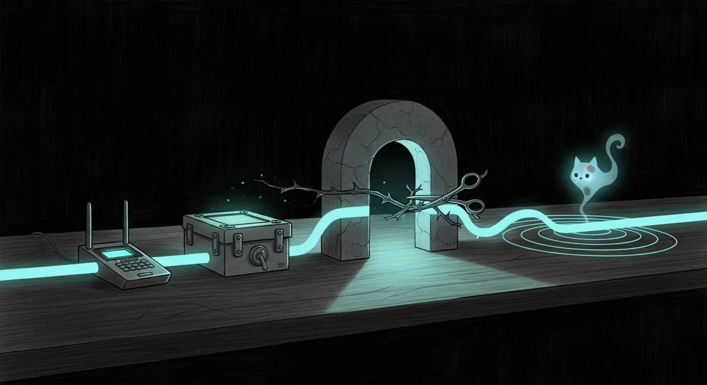 Single-NAT — a pencil sketch of one unbroken teal ribbon of light crossing a dark desk through a modem, a glowing firewall vault, a single stone archway, and a bloom of Wi-Fi ripples, with tiny shears clipping a thorny branch off the cable.
