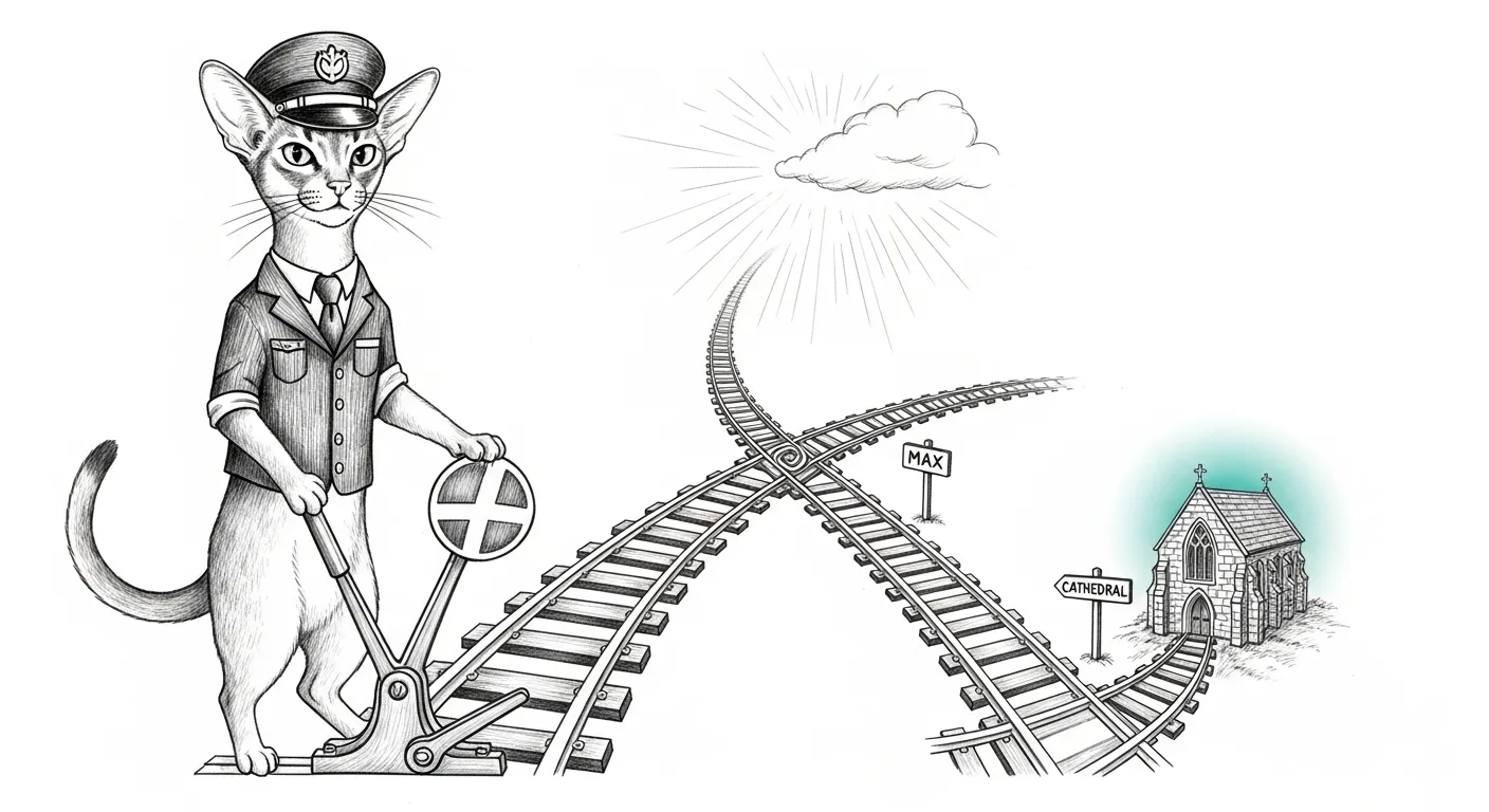 Tommy the cat working a railway switch — Max uplink held high, the Cathedral lane dropped for offline.