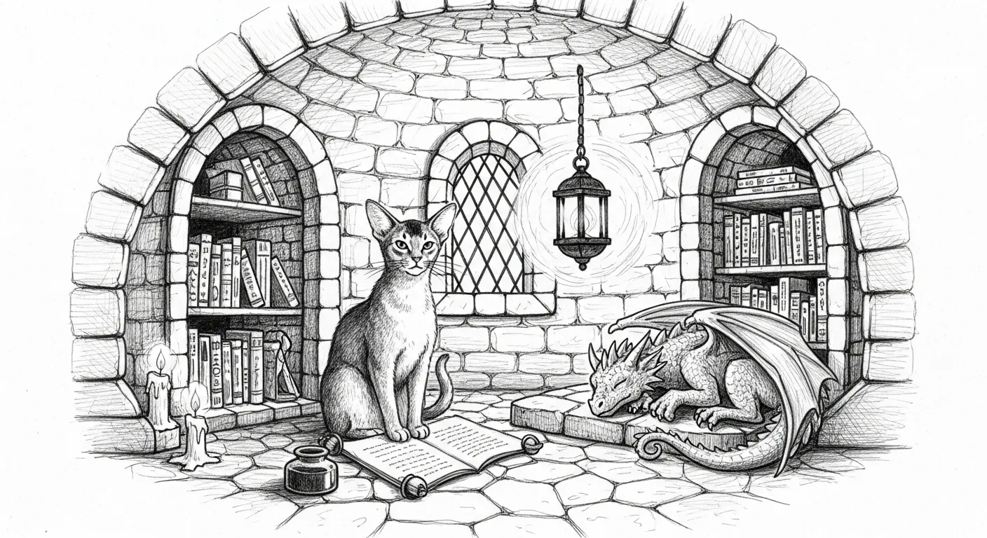 Tommy the cat as maester of a stone dragonpit — a small dragon curled by a scroll, one warm light in the dark, no window to the outside world.
