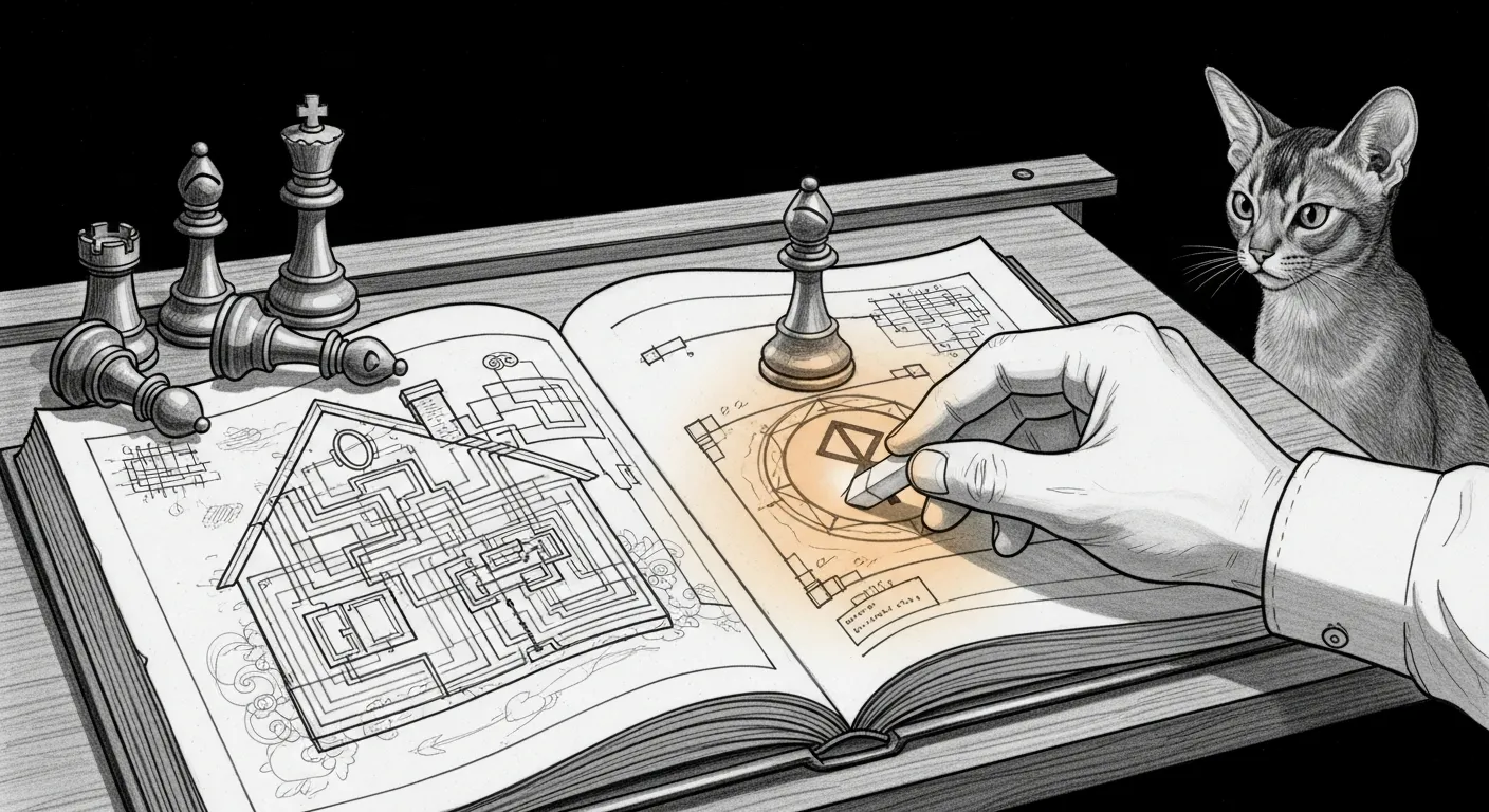 The fifth guardian — a technical pencil sketch of an open spellbook on a drafting table, its page a wiring diagram of a small haus with one resurrection rune still glowing faintly amber as a draftsman's hand erases it; four dark chess pieces lie toppled at the table's edge, a fifth stands upright inside the book itself, and an Abyssinian cat watches from the corner.