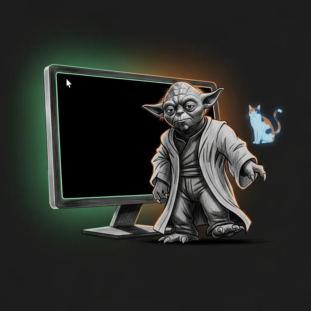 A pencil sketch on a dark background: a wise Yoda stepping out from beside a glowing computer monitor whose screen is blank but for a single cursor, mid-wave in greeting, a faintly glowing cat watching from the corner, the screen edged in green and amber light