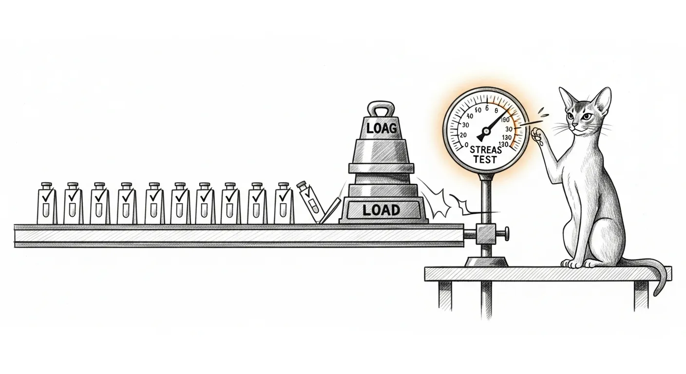 Calm test cards on one end of a beam, a stack of LOAD weights on the other, and Tommy watching the stress gauge spike past the green line.