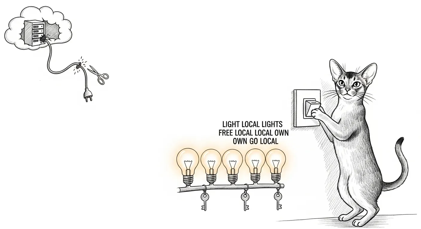 Tommy flips the local switch and snips the bulbs' cord to the cloud for good.