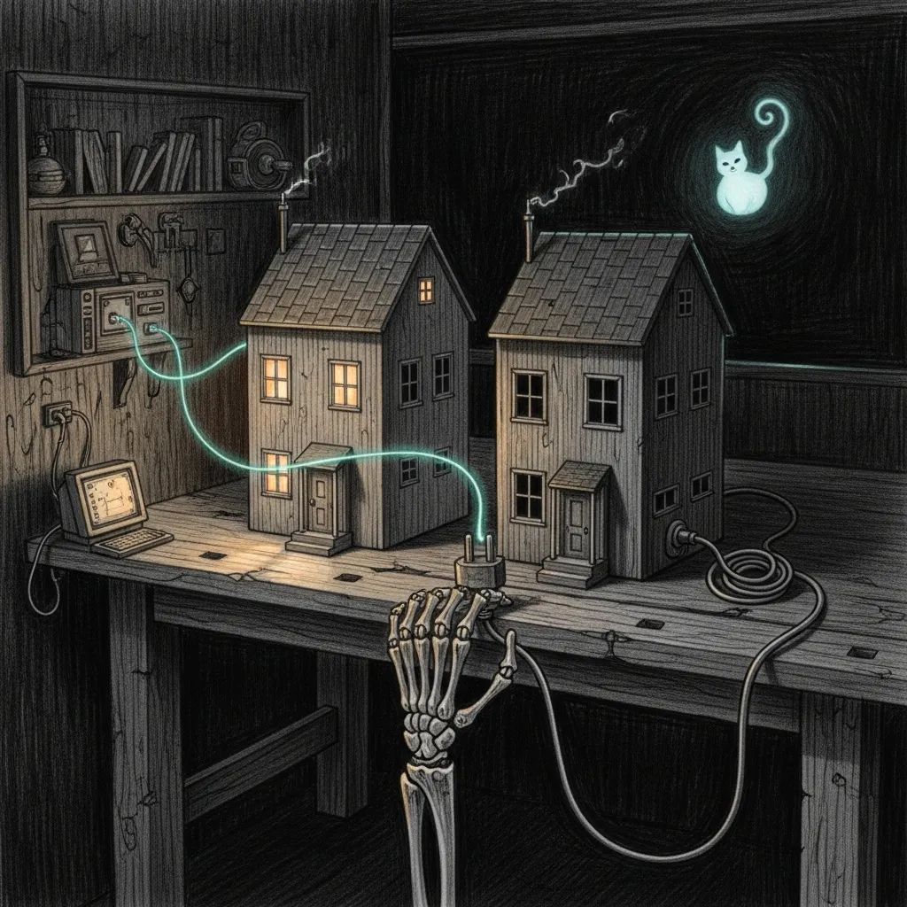 The twin that would not die — a pencil-sketch scene of two identical miniature haus models on a workbench, the left one glowing softly alive, the right one dark with its power cable pulled, while a skeletal clockwork hand reaches from the shadows to plug the dark one back in, and a thin teal thread of light arcs from the living haus to a small computer in the corner.