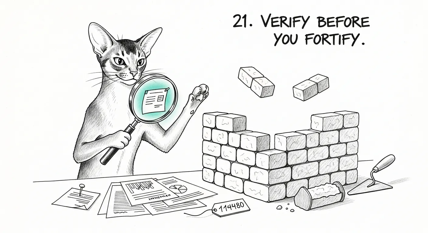 Tommy inspecting the evidence through a magnifying glass, one paw pausing the half-built wall until the facts check out.