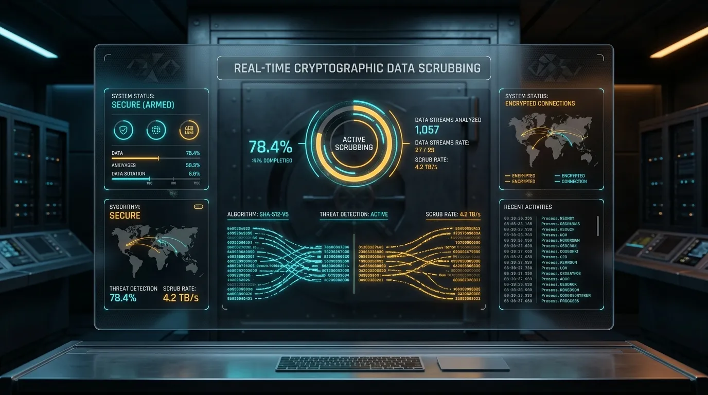 High-tech digital security vault interface in dark mode showing real-time cryptographic data scrubbing with neon cyan and electric amber accents