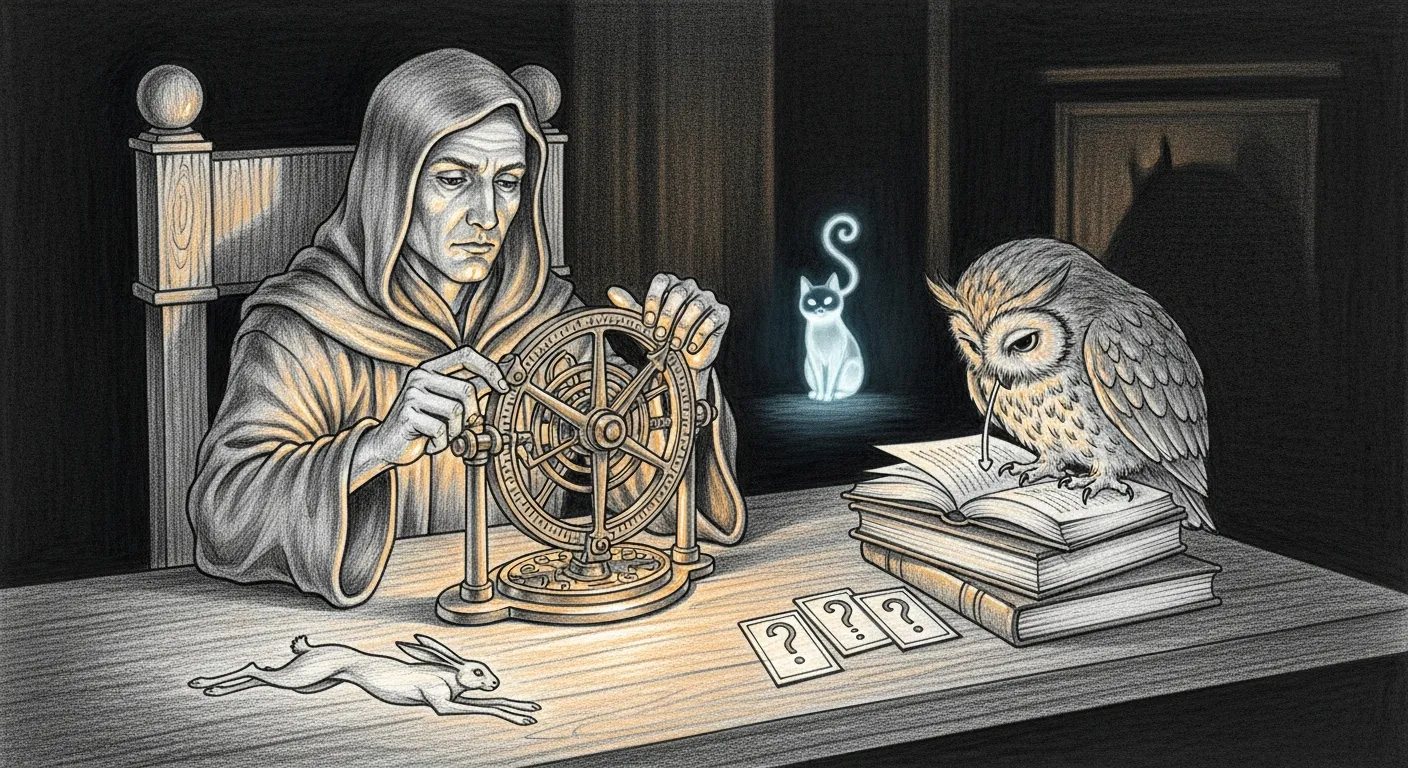 A pencil sketch on a dark background: a robed figure at a desk turning a single dial between a sprinting hare and a deep-reading owl, three question-cards fanned out in front, one warm amber glow on the dial, a small cat curled at the desk's edge