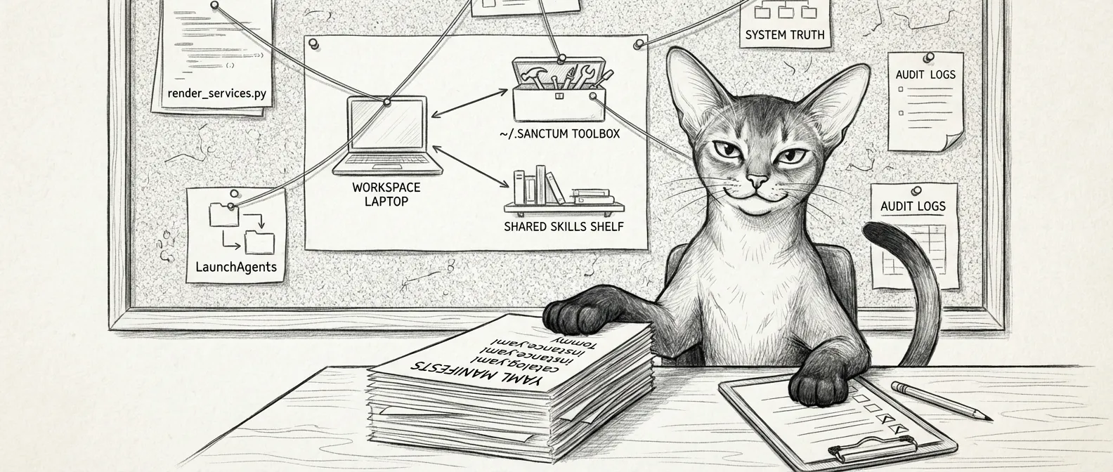 Tommy at the audit desk — one paw on the manifests, one eye on the runtime