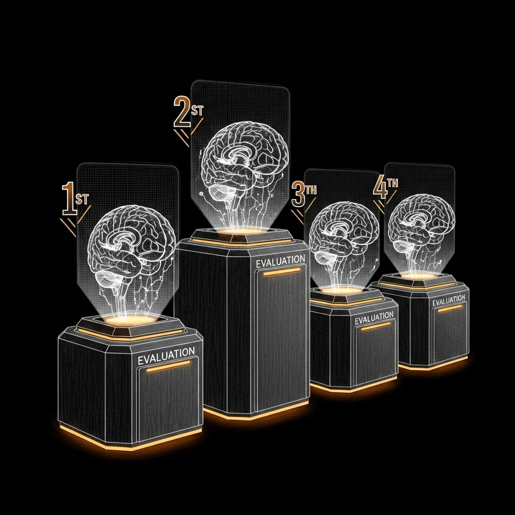The verdict — four AI brains on a podium, each scored and ranked.